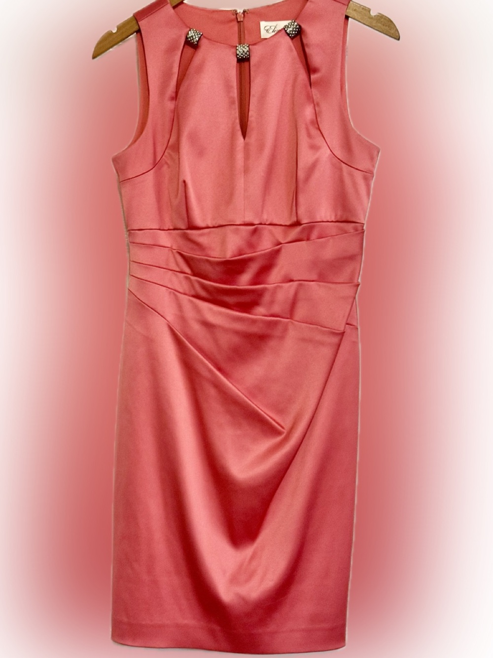 Eliza J Satiin Sleeveless Coral Pink Sheath Dress with Embellished Neckline
